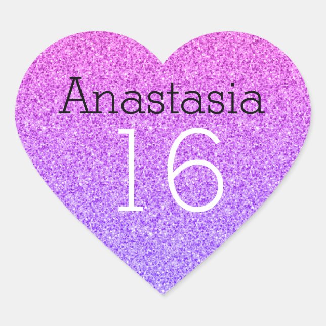Sweet 16 Name Age Ombre Purple Glitter Sparkles Heart Sticker (Front)