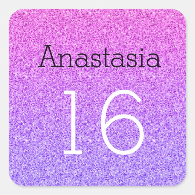 Sweet 16 Name Age Ombre Purple Glitter Sparkles Square Sticker (Front)