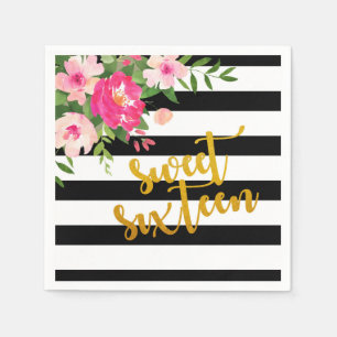Sweet 16 Napkin - Black/White Stripes