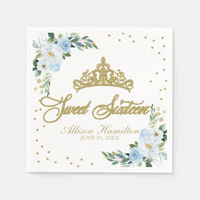 Sweet 16 Napkins Gold Tiara Baby Blue Floral (Front)