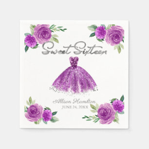 Sweet 16 Napkins Silver Purple Gown Floral