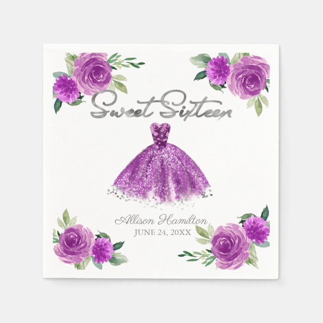 Sweet 16 Napkins Silver Purple Gown Floral (Front)