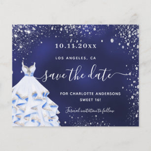Sweet 16 navy blue dress budget save the date flyer