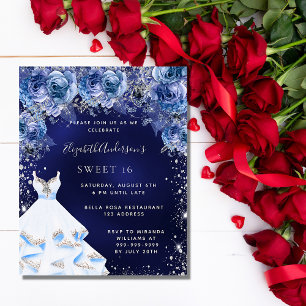 Sweet 16 navy blue dress floral budget invitation