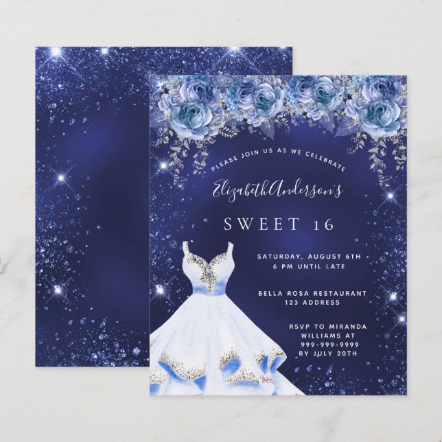 Sweet 16 navy blue dress floral invitation (Front/Back)