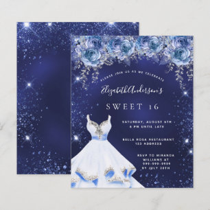 Sweet 16 navy blue dress floral invitation