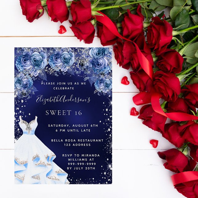 Sweet 16 navy blue dress glitter floral party invitation postcard (Creator Uploaded)