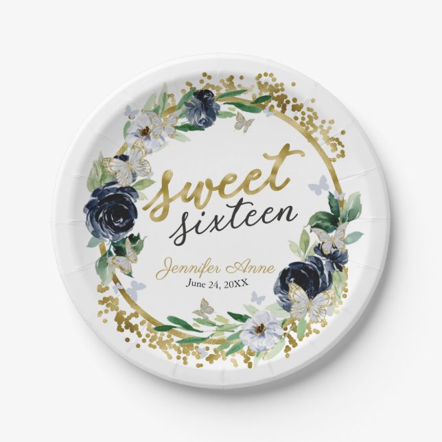 Sweet 16 Navy Blue Floral Butterfly Paper Plate (Front)