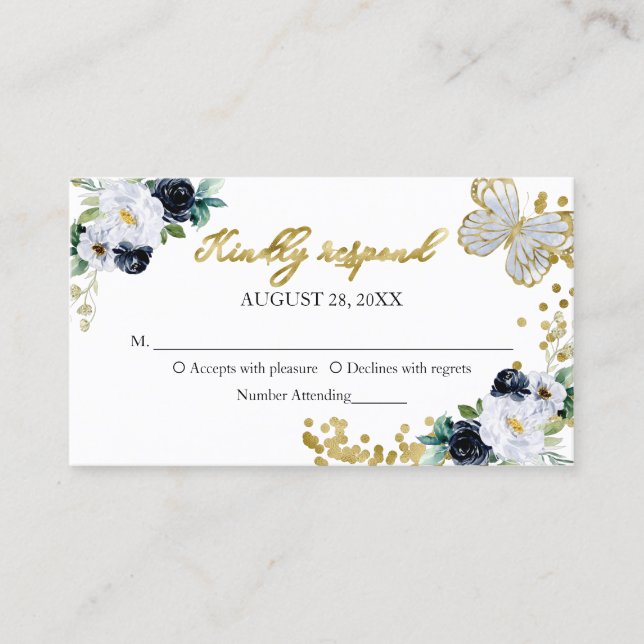 Sweet 16 Navy Blue Floral Butterfly RSVP Enclosure Business Card (Front)