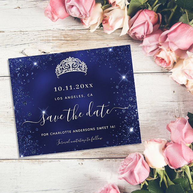 Sweet 16 navy blue glitter budget save date flyer (Creator Uploaded)