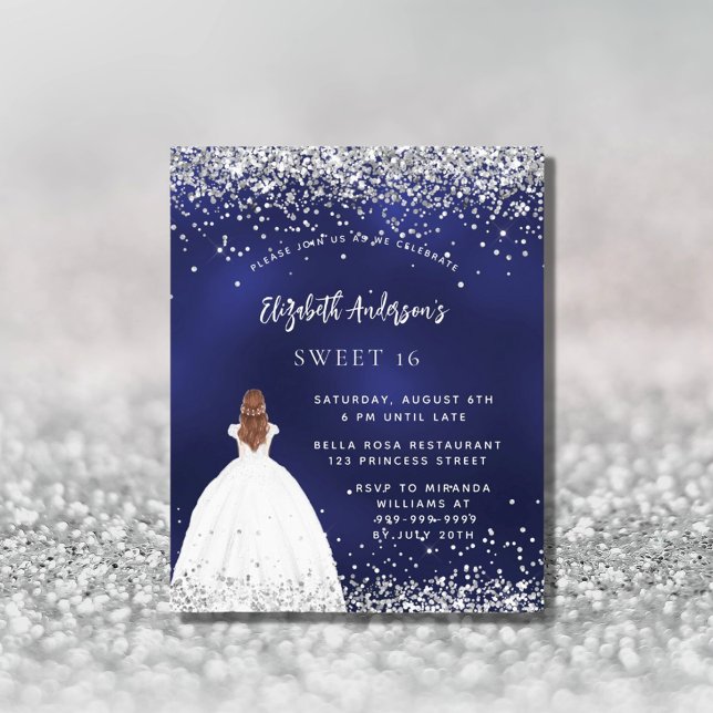 Sweet 16 navy blue glitter dress budget invitation flyer (Creator Uploaded)