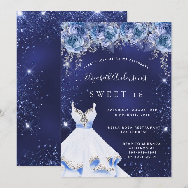 Sweet 16 navy blue glitter dress floral invitation (Front/Back)