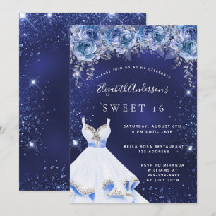 Sweet 16 navy blue glitter dress floral invitation
