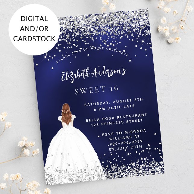 Sweet 16 navy blue glitter dress invitation (Creator Uploaded)