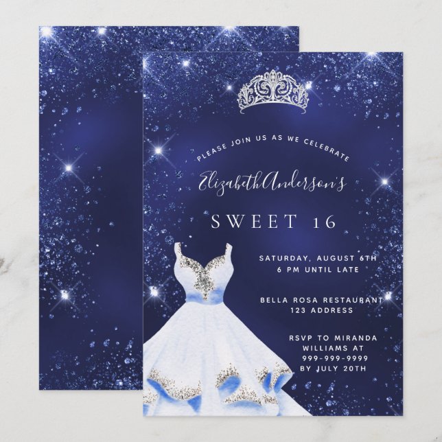Sweet 16 navy blue glitter dress tiara glamourous invitation (Front/Back)