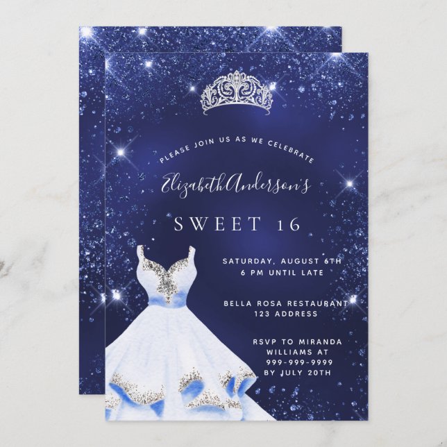 Sweet 16 navy blue glitter dress tiara glamourous invitation (Front/Back)