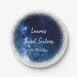 Sweet 16 Navy Blue Glitter Paper Plate