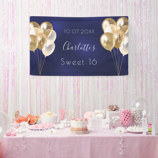 Sweet 16 navy blue gold balloons party banner (Party)