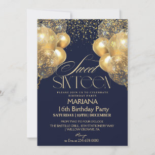  Sweet 16 Navy blue & Gold Balloons Photo Birthday Invitation