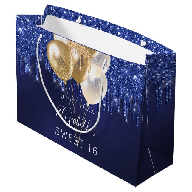 Sweet 16 navy blue gold glitter drips balloons large gift bag (Back Angled)
