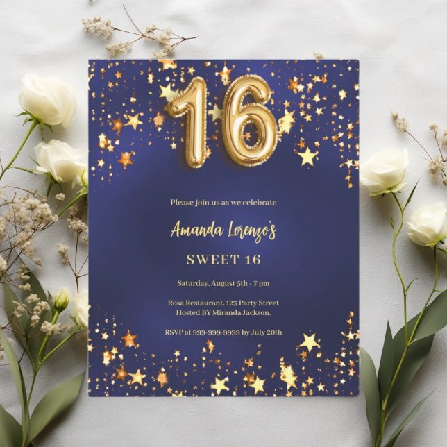Sweet 16 navy blue gold stars invitation (Creator Uploaded)