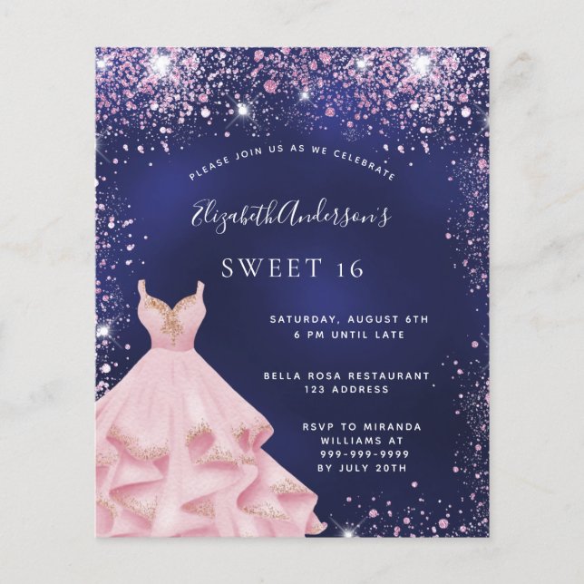 Sweet 16 navy blue pink dress budget invitation flyer (Front)