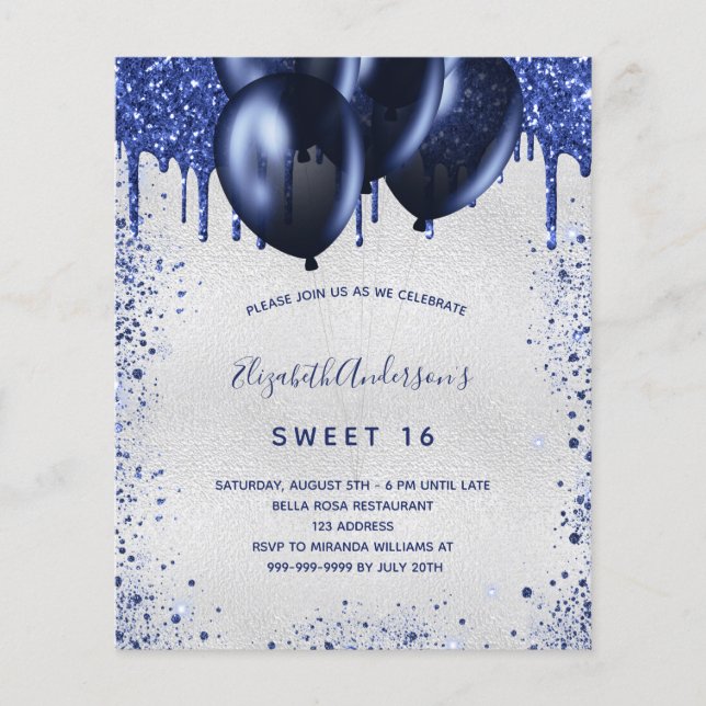Sweet 16 navy blue silver budget invitation flyer (Front)