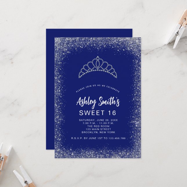 Sweet 16 Navy Blue Silver Glitter Diamond Tiara Invitation (Front/Back In Situ)
