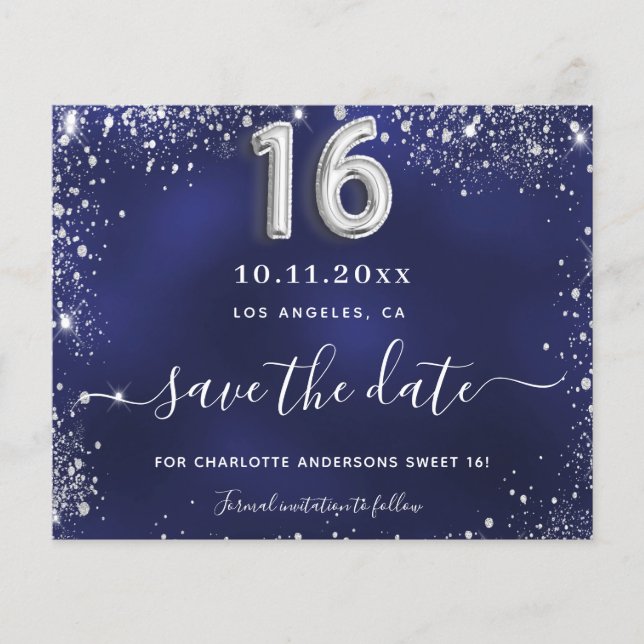 Sweet 16 navy blue silver glitter save date card (Front)