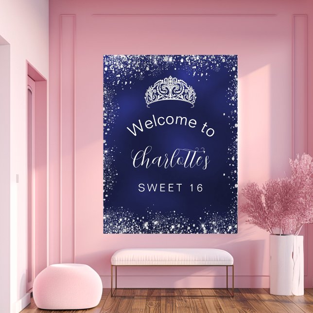 Sweet 16 navy blue silver glitter welcome poster (Creator Uploaded)