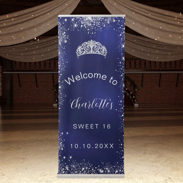 Sweet 16 navy blue silver glitter welcome retractable banner (Creator Uploaded)
