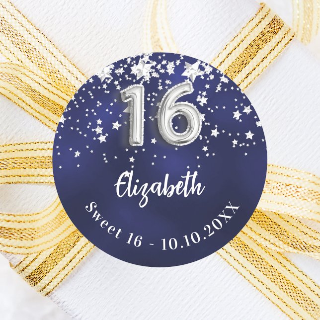 Sweet 16 navy blue silver stars classic round sticker (Creator Uploaded)