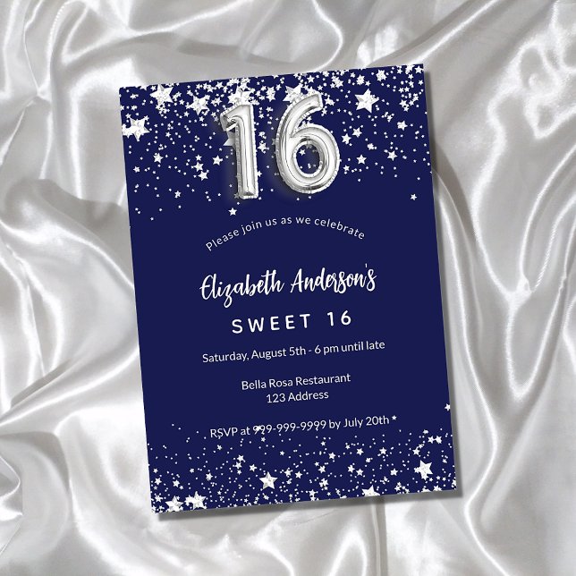 Sweet 16 navy blue silver stars invitation postcard (Creator Uploaded)