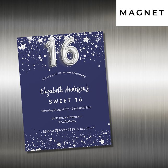 sweet 16 navy blue silver stars luxury magnetic invitation (Creator Uploaded)