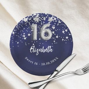 Sweet 16 navy blue silver stars paper plate