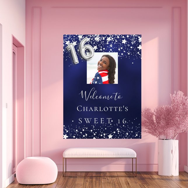 Sweet 16 navy blue silver stars photo welcome poster (Creator Uploaded)