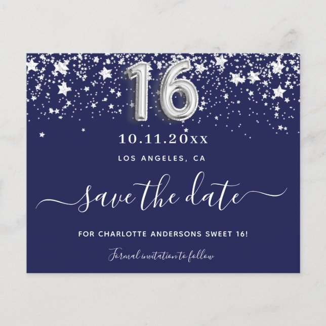 Sweet 16 navy blue silver stars save date budget flyer (Front)