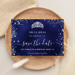 Sweet 16 navy blue silver tiara save the date announcement postcard<br><div class="desc">A girly and trendy Save the Date card for a Sweet 16,  16th birthday party. A navy blue uneven colored background. Decorated with faux silver glitter dust and a tiara,  crown. The text: Save the Date is written with a large trendy hand lettered style script.</div>