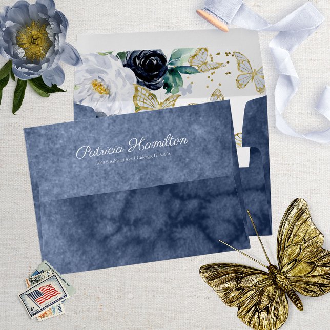 Sweet 16 Navy Blue Watercolor Butterfly Floral Envelope (Creator Uploaded)
