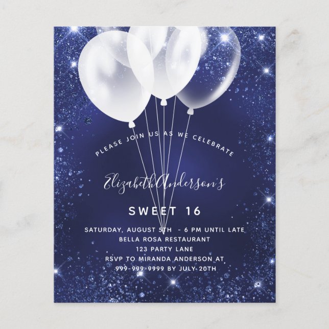 Sweet 16 navy blue white balloon budget invitation flyer (Front)