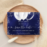 Sweet 16 navy blue white balloons save the date announcement postcard<br><div class="desc">A girly and trendy Save the Date card for a Sweet 16,  16th birthday party. A navy blue uneven colored background. Decorated with faux silver glitter and white balloons. The text: Save the Date is written with a large trendy hand lettered style script.</div>