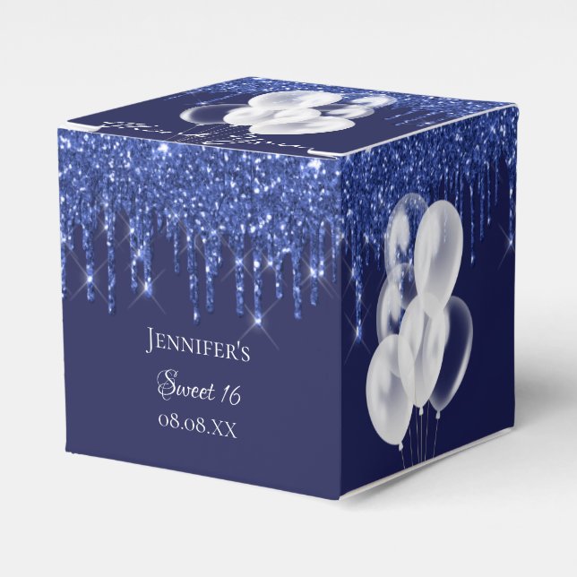 Sweet 16 navy blue white balloons thank you favour box (Front Side)
