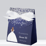 Sweet 16 navy blue white dress party favour box<br><div class="desc">A navy blue,  uneven coloured background,  decorated with confetti and a girl in a ball gown,  dress.  Personalise and add name and date.</div>