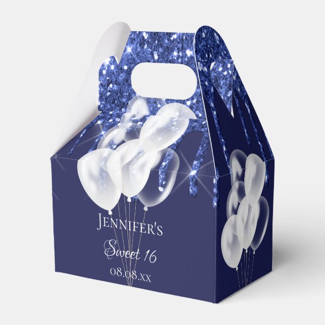 Sweet 16 navy blue white glitter balloons  favour box (Front Side)