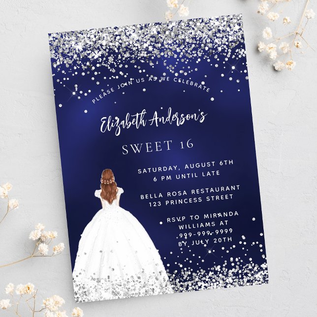 Sweet 16 navy blue white glitter dress invitation postcard (Creator Uploaded)