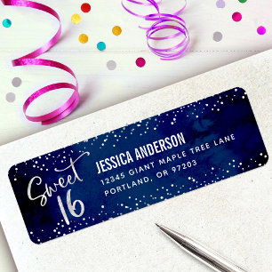 Sweet 16 Navy Watercolor Silver Birthday Address