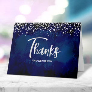 Sweet 16 Navy Watercolor Silver Script Birthday Thank You Card
