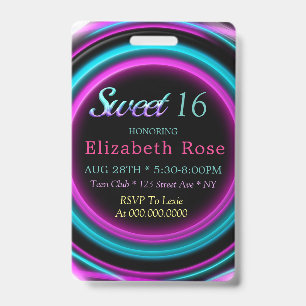 Sweet 16 Neon Birthday Party ID Badge