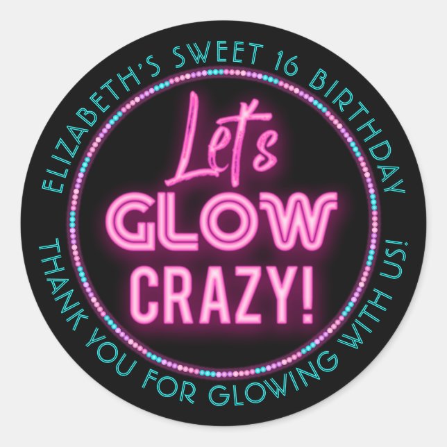 Sweet 16 Neon Glow Birthday Party Classic Round Sticker (Front)