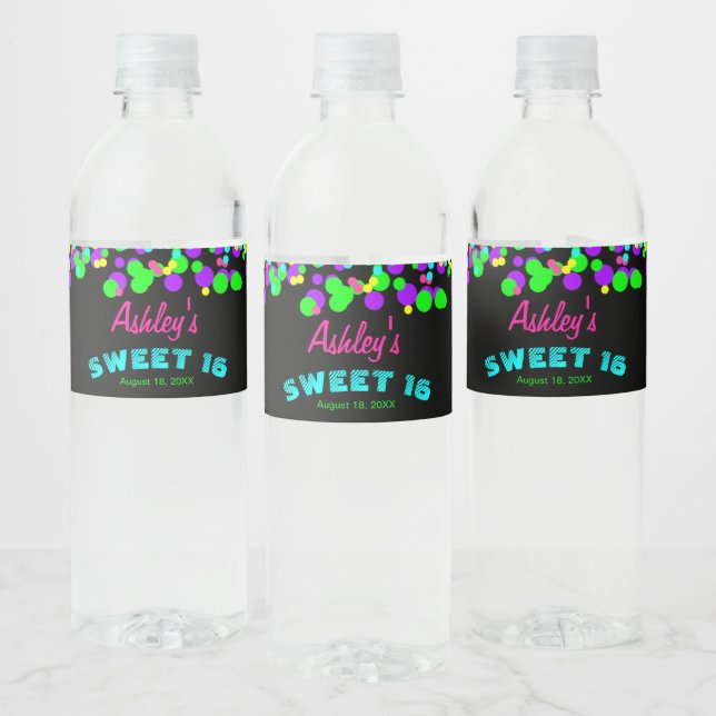 Sweet 16 Neon Glow Confetti Birthday Party Water Bottle Label (Bottles)